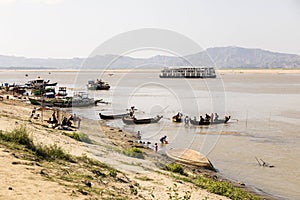 Bagan, Myanmar, December 27 2017: Boat jetty of the irrawaddy river
