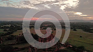 Bagan Myanmar, drone aerial view sunrise with temples and old pagodas at the historical UNESCO site