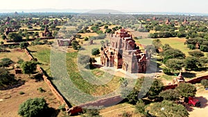 Bagan Myanmar, drone aerial view sunrise with temples and old pagodas at the historical UNESCO site