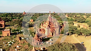 Bagan Myanmar, drone aerial view sunrise with temples and old pagodas at the historical UNESCO site