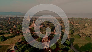 Bagan Myanmar, drone aerial view sunrise with temples and old pagodas at the historical UNESCO site