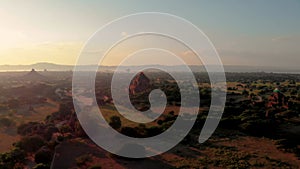 Bagan Myanmar, drone aerial view sunrise with temples and old pagodas at the historical UNESCO site