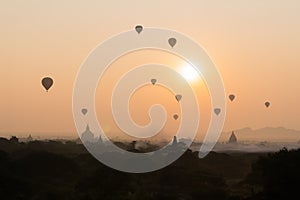 Bagan pagoda field with hot air balloons