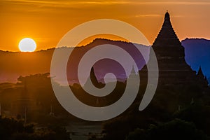 Bagan temple silhouette at sunset