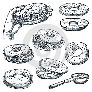 Bagel bread and sandwiches set. Fast food snacks vector sketch illustration. Cafe lunch menu hand drawn design elements