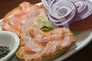 Bagel breakfast smoked salmon capers red onions