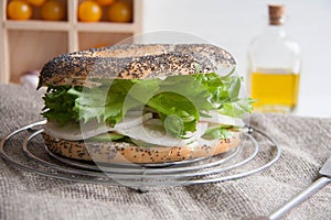 Bagel with chicken roll, green salad and cream cheese