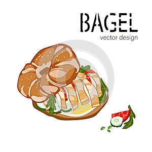 Bagel chicken sandwich with cream cheese, vegetables and arugula isolated on white background vector