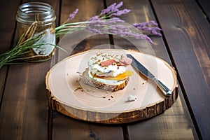 bagel with cream cheese and almond slivers on rustic wood