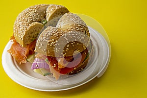 Bagel with cream cheese and smoked salmon - yummy and delicious breakfast