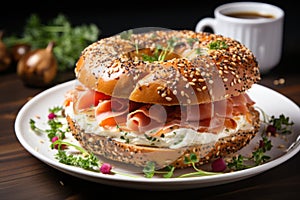 Bagel with hams on white plate generate with AI.
