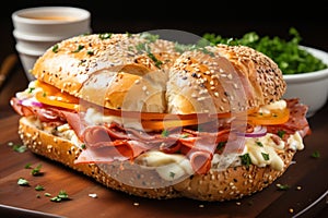 Bagel with hams on white plate generate with AI.