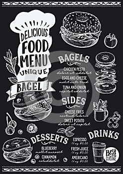 Bagel food menu template for restaurant with chefs hat lettering