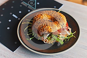 Bagel with Roast Beef on the plate