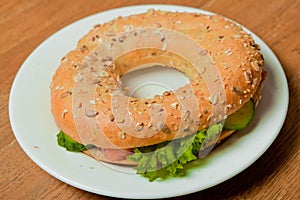 Bagel with salmon on a plate