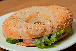 Bagel with salmon on a plate