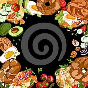 Bagel sandwich frame.Healthy breakfast Bagels with variations of toppings.Vector food illustration