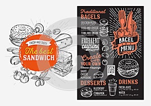 Bagel and sandwich menu food template for restaurant with doodle hand-drawn graphic.