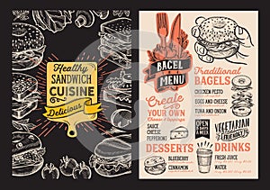 Bagel and sandwich menu food template for restaurant with doodle hand-drawn graphic