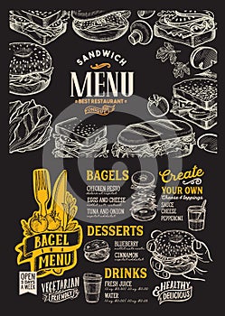 Bagel and sandwich menu food template for restaurant with doodle hand-drawn graphic
