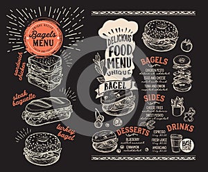 Bagel and sandwich menu for restaurant with food graphic illustrations