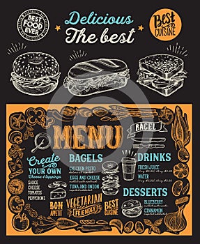 Bagel and sandwich menu for restaurant with food graphic illustrations