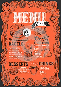 Bagel and sandwich menu for restaurant with frame of graphic veg