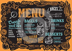 Bagel and sandwich menu for restaurant with frame of graphic veg