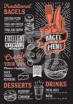 Bagel and sandwich menu template for restaurant on a blackboard background vector illustration brochure for food and drink cafe.