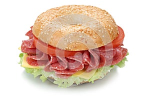 Bagel sandwich with salami ham isolated