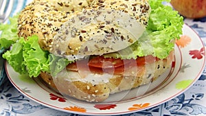 Bagel sandwich with salmon and raw vegetables on a plate