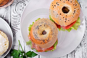 Bagel sandwich with smoked salmon and lettuce salad on ceramic plate