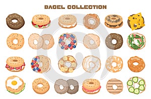 Bagel set. Baked donut sandwich or dessert recipe. Fresh bakery