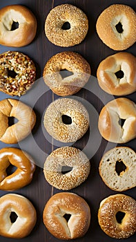 Bagels arranged on kitchen table in flat lay photo, breakfast variety
