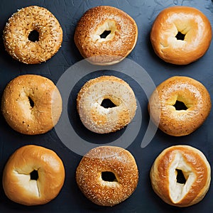 Bagels arranged on kitchen table in flat lay photo, breakfast variety