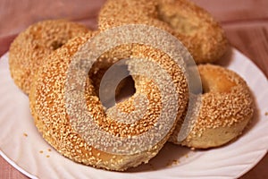 Bagels with sesame seeds, freshly baked bagels