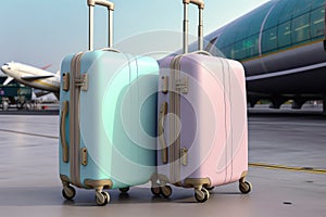 Baggage in airport terminal, plane and travel, hot tours, family summer vacation, pastel colors. generative ai