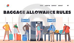 Baggage Allowance Rules Landing Page Template. Characters Pass Airport Security Check, Passengers Scanning Baggage