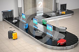 Baggage claim in airport terminal. Suitcases on the airport luggage conveyor belt