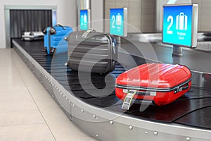 Baggage claim in airport terminal. Suitcases on the airport luggage conveyor belt