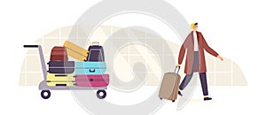 Baggage Claim, Plane Arrival, Tourism Travel Concept. Tourist Male Character with Suitcase in Airport. Man with Luggage