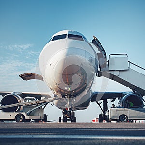 Baggage is loading into of the aircraft