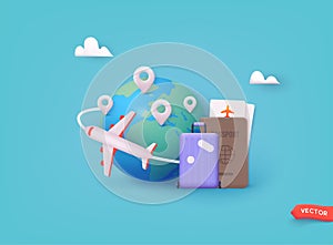 Baggage, passport and planes around planet for making advertising media about tourism and all object on blue background. 3D Web