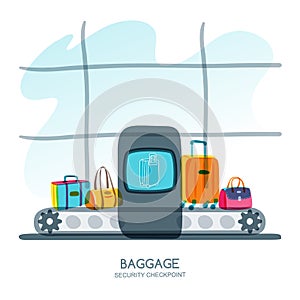 Baggage security checkpoint in airport terminal. Vector hand drawn illustration.