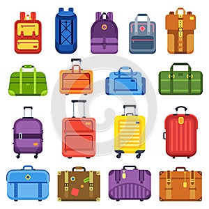 Baggage suitcase. Handle travel bag, luggage backpack and business suitcases isolated flat vector set