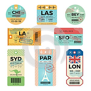 Baggage tags. Retro tickets for travellers luggage airplane stickers with stamps vector design templates