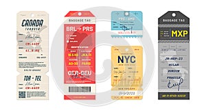 Baggage tags and travel tags. Luggage tags and labels for airport transportation industry. Set of luggage labels and stickers for
