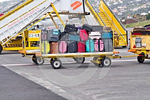 A baggage trolley loaded with travellers` suitcases and bags awaiting transfer to the airport terminal for collection