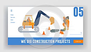 Bagger Excavating Work on Road Repair or Construction Site Foundation Website Landing Page. Excavator Machine