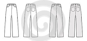 Baggy Jeans Denim pants technical fashion illustration with full length, low waist, rise, 5 pockets, Rivets, belt loops